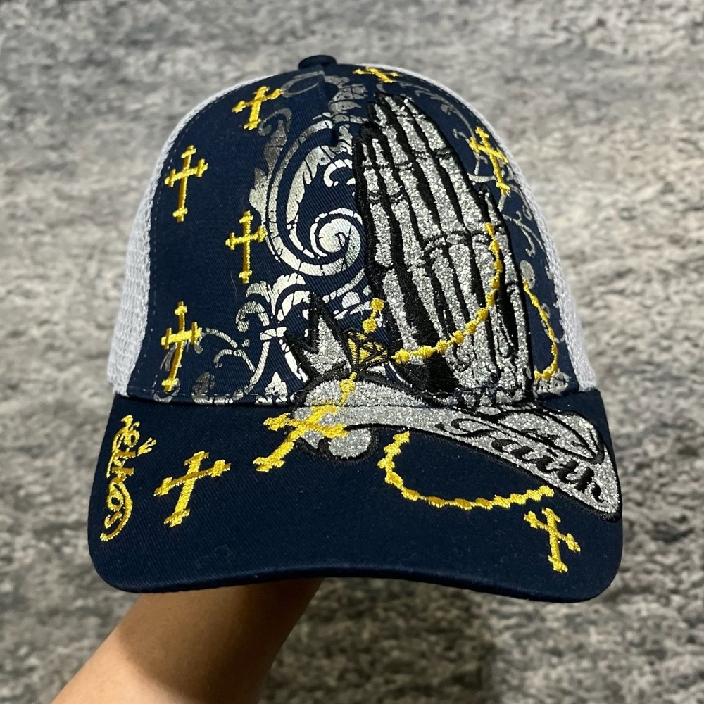NWT KB Ethos Trucker Hat Navy Blue Gray Cross Cyber Grunge Goth Vintage Y2K